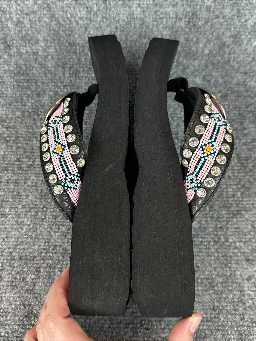 Montana West Beaded Western Wedge Flip Flops Women's Size 7 Black Turquoise - Picture 12 of 16